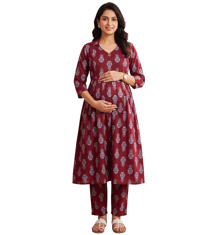 DUMMY SHAPE Maternity Dresses for Women Cotton Rayon | Floral Kurta Pant Dupatta Set with Nursing Zippers to Pre & Post Partum | Feeding Kurtis | Mom to Be Gifts for Pregnant Woman