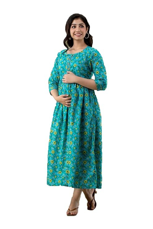 Women's Pure Cotton Printed Maternity Gown/Maternity wear/Feeding Gown A-line Maternity Feeding Dress Maternity Kurti Gown for Women