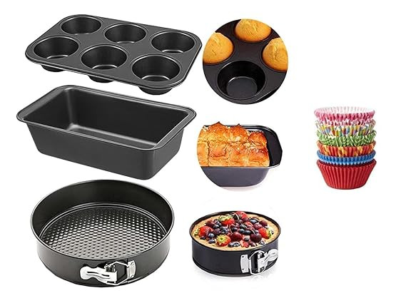 Xacton Cake Baking Set Microwave Safe Utensils 4 pc Combo of Round Cake Mould Cake tin, Bread Moulds for Baking, Muffin Tray, & 100 Pcs Paper Cake Liners I Microwave Oven Accessories Black