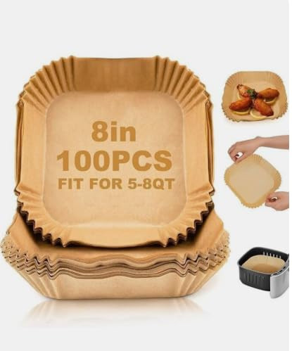 Air Fryer Paper Liners 100 PCS, 8 Inch Square Disposable Parchment Sheets, Non Stick Waterproof Paper for Baking, Frying, Roasting & Air Frying