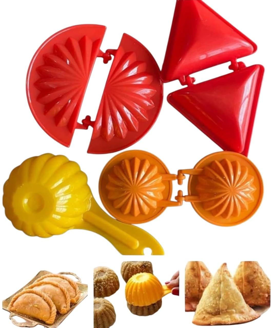 Plastic Gujiya Samosa Kachori Making Mould Set with Ladoo Mould Spoon Combo Pack Kitchen Tool Pie Maker Multicolor (4 PCS)