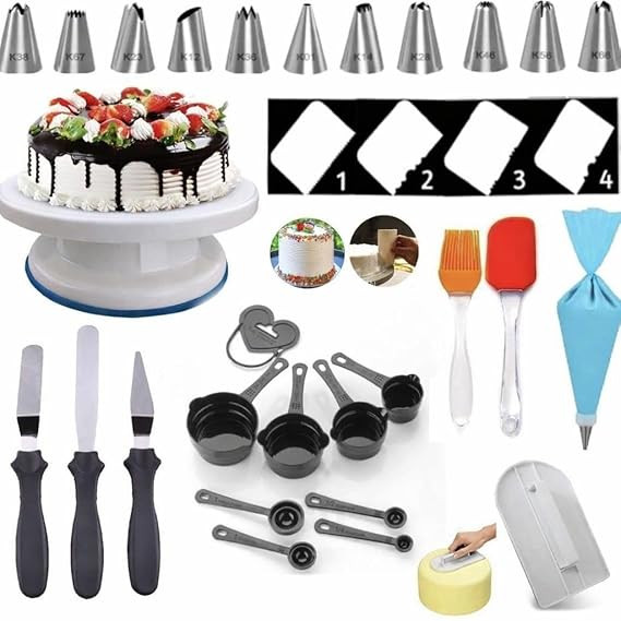 Cake Making Set Combo Cake Turntable,12 Cake Decorating Nozzle,8-Pc Black Measuring Cups Silicone Spatula and Brush Set, 4 Pcs Set Scraper, Cake Smoother,3 Pcs Knife (All Product Reusable)