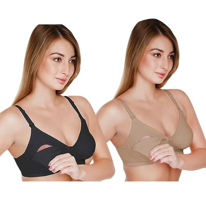 DAISY DEE Women's Cotton Seamless Feeding Bra Non-Padded Wire-Free Easy Breastfeeding with Nursing Bra/Maternity Bra (Pack of 2) - NMDNA