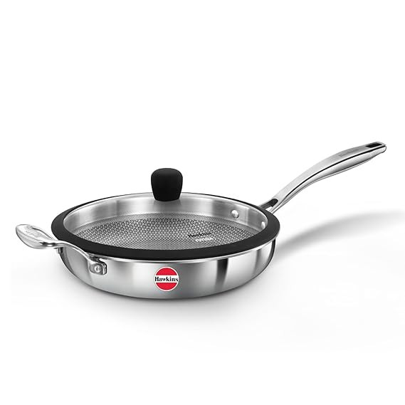 Hawkins 26 cm Triply Stainless Steel Pro Frying Pan | Induction & Gas Compatible | No Burning | Even Heating | with Glass Lid | Silver (PSNF26G)|Induction and Gas Stove Compatible