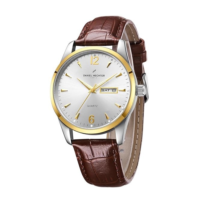 Paris Analog Quartz Watch for Men with Sunray Round Dial, Leather Strap, Day & Date Display & Water Resistant