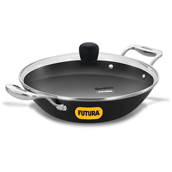 Hawkins 2.5 Litre Futura Slim Cast Iron Kadhai | Induction & Gas Compatible | Ideal for Deep Frying & Curries | with Glass Lid | Black (IMK25G)|Induction and Gas Stove Compatible