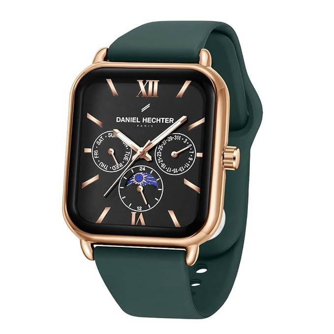 Paris Montmartre Unisex Multifunction Square Watch – Black Dial with Day-Date & 24-Hour Subdials, Moonphase Display, Sustainable Silicone Strap