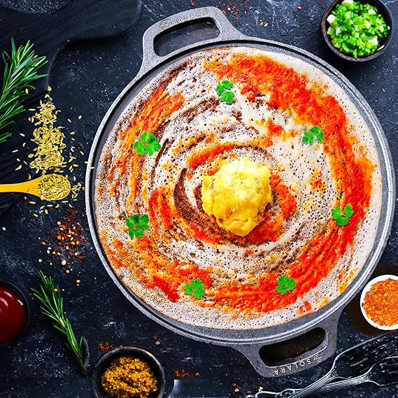 SOLARA Cast Iron Tawa for Dosa 12" Inch(30 Cm), Tawa for Dosa, Uthappam, Roti, Chapati, Naan, Gas&Induction Friendly, Dosa Tawa Cast Iron, Cast Iron Cookware,Black