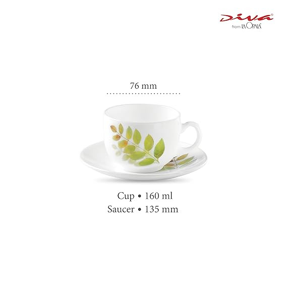 La Opala Diva, Opal Glass Crockery | Cup & Saucer Iris Regular, Set of 12 | Autumn Shadow, 160 ml | for Tea & Coffee | Microwave Safe | 100% Vegetarian | Extra Strong | Super Light | Super White