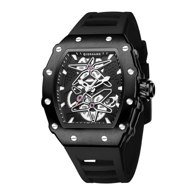 Analog Skeleton Dial Watch for Men – Tonneau Case, Silicone Strap, Open-Gear Sport Design, Quartz Movement