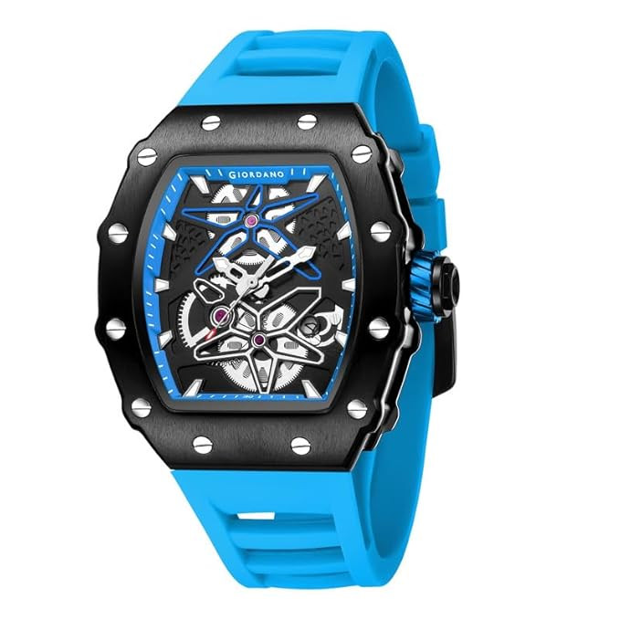 Analog Skeleton Dial Watch for Men – Tonneau Case, Silicone Strap, Open-Gear Sport Design, Quartz Movement