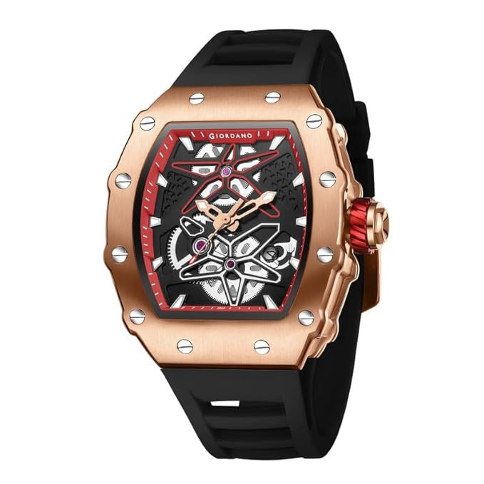 Analog Skeleton Dial Watch for Men – Tonneau Case, Silicone Strap, Open-Gear Sport Design, Quartz Movement