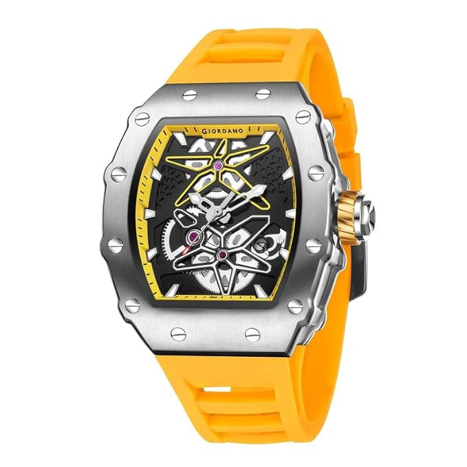 Analog Skeleton Dial Watch for Men – Tonneau Case, Silicone Strap, Open-Gear Sport Design, Quartz Movement