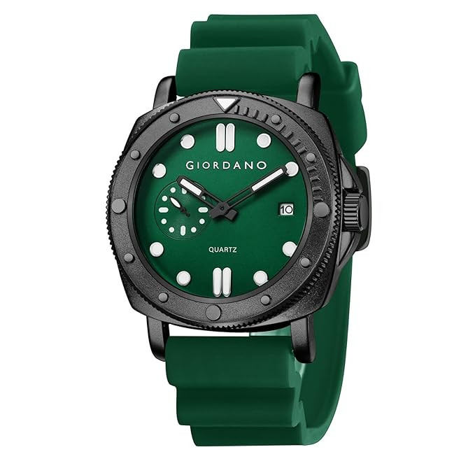 Analog Quartz Watch for Men with Round Dial, Luminous Hours Markers, Date Display, Small Seconds Sub-Dial and Wavy Pattern Silicone Strap