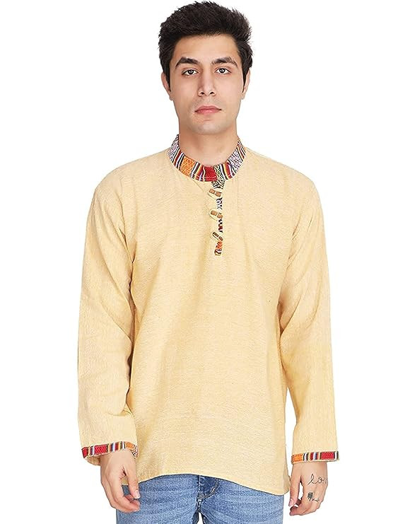 UKAL Indian Mens Summer Fashion Cotton Khadi Ethnic Shirt-Short Kurta