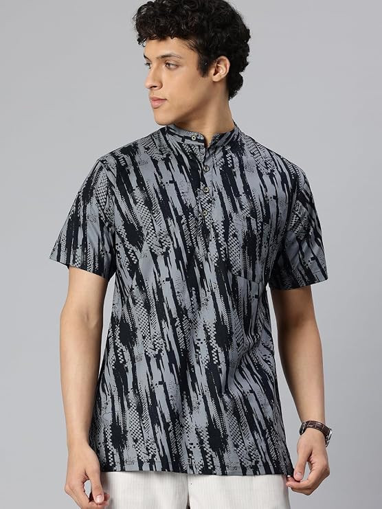 Majestic Man Men Slim Fit Ethnic Motifs Cotton Printed Half Sleeve Short Kurta