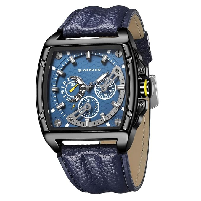 Multifunctional Analog Watch for Men with Textured Blue Dial, Luminous Indices, Day Display, Leather Strap & Water Resistant