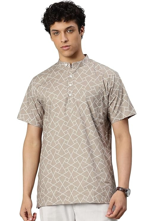 Majestic Man Men Slim Fit Ethnic Motifs Cotton Printed Half Sleeve Short Kurta
