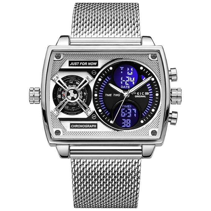 Wathes for Men Digital LED Analog Quartz Wristwatch Business Men’s Watch Multifunction Square Chronograph 24H Calendar Stainless Steel Band Waterproof Unique FK814