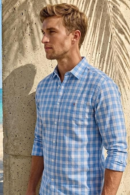 Louis Philippe Men's Slim Fit Premium Cotton Easy Care, Soft Handfeel Full Sleeve Checks Casual Shirt