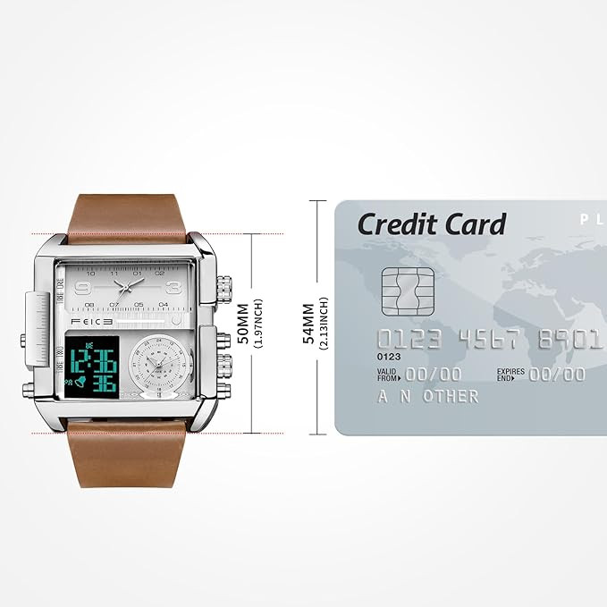Wathes for Men Analog White Dial Men's Watch LED Quartz Wristwatch Business Men’s Watch Multifunction Square Chronograph 24H Calendar Brown Leather Strap Unique Large Dial Watches FK030
