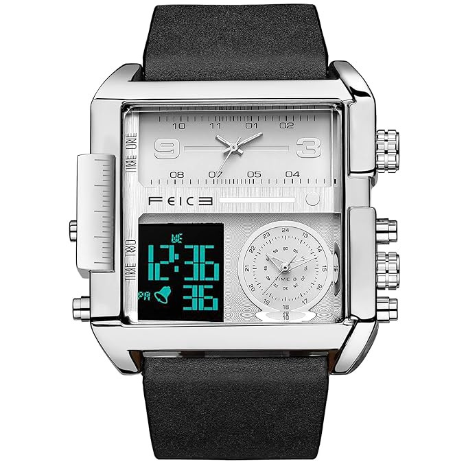 Wathes for Men Analog White Dial Men's Watch LED Quartz Wristwatch Business Men’s Watch Multifunction Square Chronograph 24H Calendar Brown Leather Strap Unique Large Dial Watches FK030