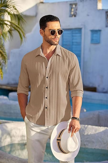 DEELMO Men's Casual Button Down Shirts Long Sleeve Linen Shirt Fashion Textured Beach Summer Shirt
