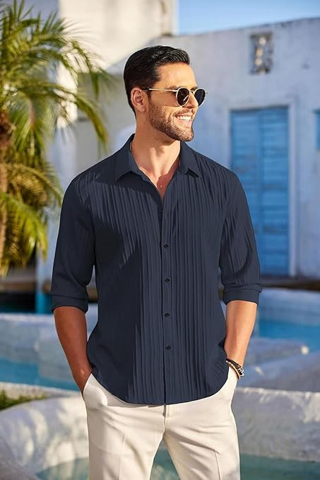 DEELMO Men's Casual Button Down Shirts Long Sleeve Linen Shirt Fashion Textured Beach Summer Shirt
