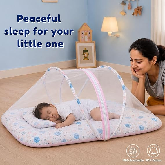 Baby Mosquito Net Bed for Newborn 0-9 Months | Foldable Cotton Baby Bed with Net | Breathable Cotton & Washable | Portable 2 in 1 Infant Sleeping Bed & Mosquito Net for Baby | Pink Dreamland