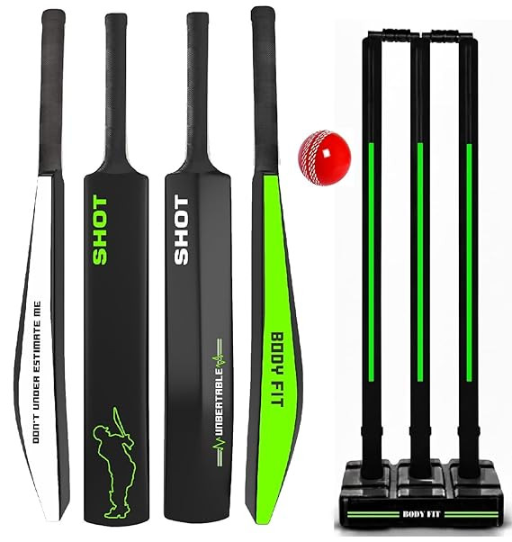 Bodyfit Heavy Duty Premium T-20 Cricket Bat | Lightweight| Full Size| | Hard Plastic Bat| Premium Cricket Wicket Set l 3 Stumps+2 Bails+1 Stand Set, 1 Ball.