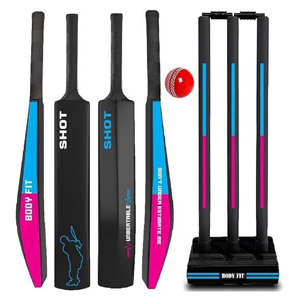 Bodyfit Heavy Duty Plastic Premium Cricket Kit Set | Lightweight| Full Size| | Hard Plastic Bat| Premium Cricket Wicket Set l 3 Stumps+2 Bails+1 Stand Set, 1 Ball. (Black-FBluePnk)