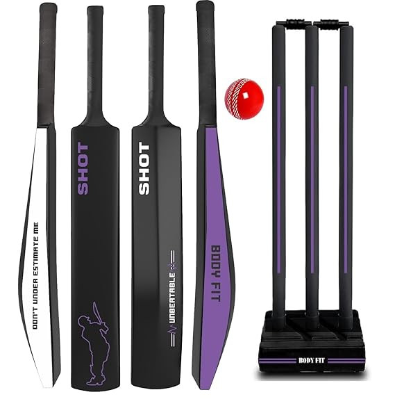 Bodyfit Heavy Duty Plastic Premium Cricket Kit Set | Lightweight| Full Size| | Hard Plastic Bat| Premium Cricket Wicket Set l 3 Stumps+2 Bails+1 Stand Set, 1 Ball. (Black-Purple)