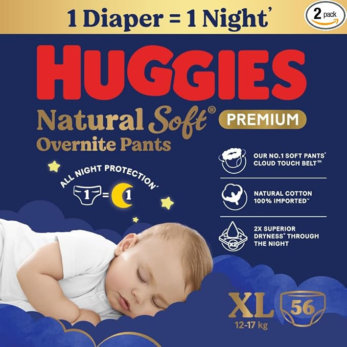 Huggies Natural Soft Overnite Diaper Pants| Premium Pant Style Baby Diapers Medium Size (XL Size | 12-17 Kgs), 28 count| Keeps baby dry all night with cloud softness all over (Pack of 2)