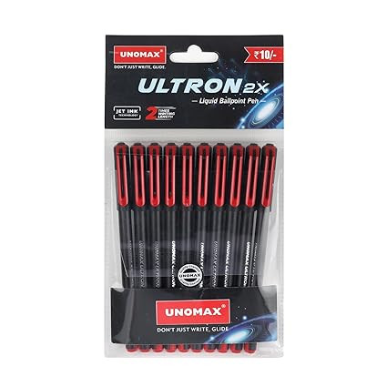UNOMAX Ultron 2X Ball Pen - Set of 10 (Jet Red) | Unleash the Art of Writing with Elegance | Matt Finish Body | 0.7mm Tip Size for Superior Precision | Jet Ink Technology for Effortless