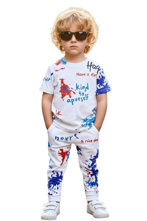 Kids Boys colourful Printed T-Shirt & Jogger Set Stylish Summer Co-Ord Set for Boys Soft Cotton Casual Outfit Trendy Graphic Top & Pant Clothing Set