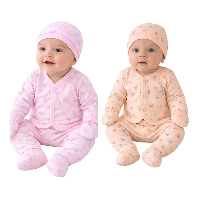 VELDORA Newborn Baby Clothing Set, 100% Organic Cotton, Unisex, Cap, Mittens, Booties, Top & Pants, 5 Piece Combo