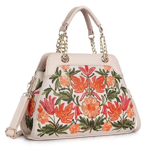 EVEDA Embroidered Floral Handbag, Black and Yellow with Coral Embroidery, Faux Leather, Multi Compartment, Detachable Strap,