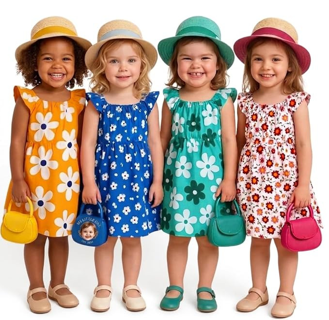 Girls Frock, Floral Print, Multicolour, Flutter Sleeves, Pack of 4