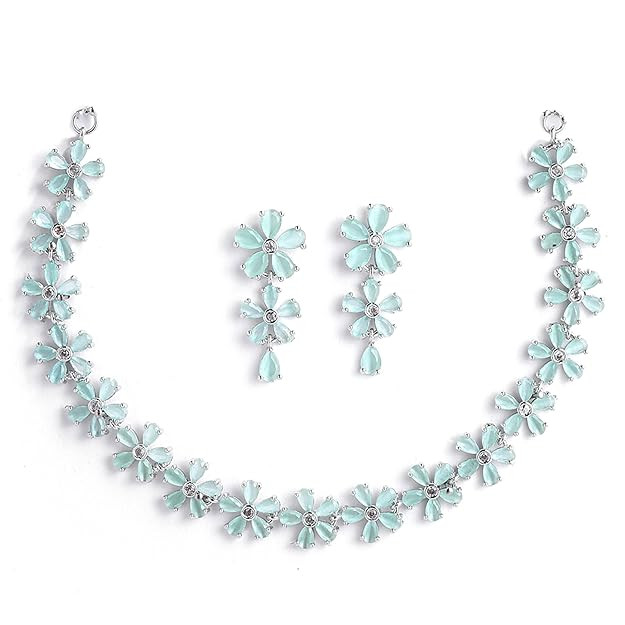 ZENEME Rhodium Plated Silver Toned White American Diamond Studded Flower Shaped Jewellery Set For Girls and Women
