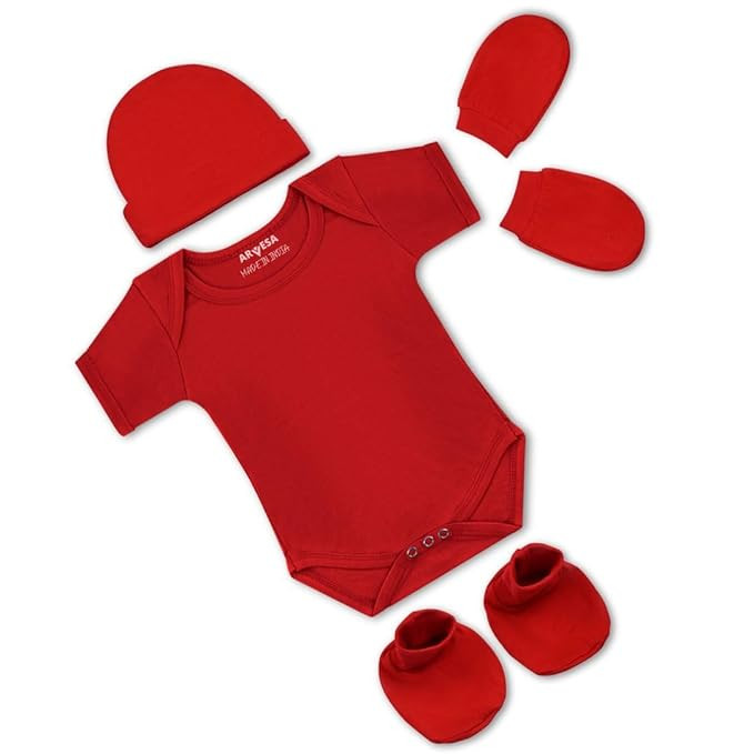 ARVESA 100% Cotton Biowash White Romper for Newborn Baby Romper Set with Cap Booties & Mittens 0–6 Months