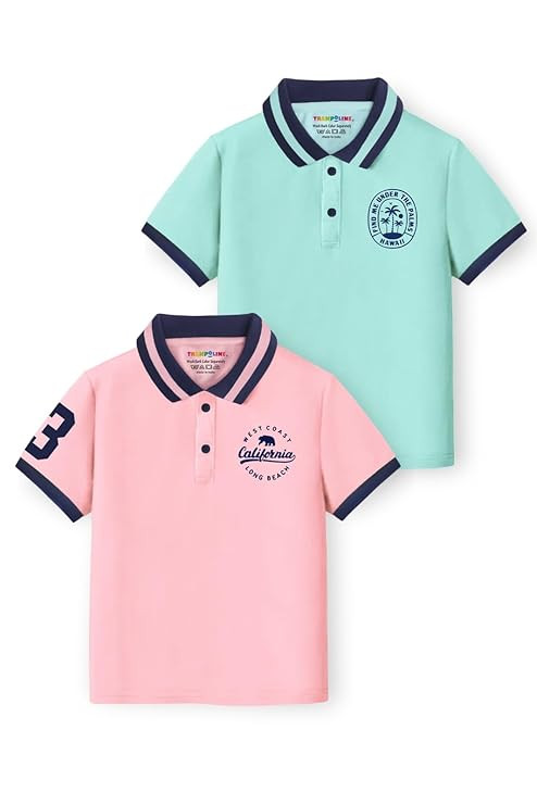 Trampoline Kids Polo T-Shirt Pack of 2 | Cool, Comfy & Colorful Cotton Tees for Boys & Girls | Stretchy, Breezy Fit with Ribbed Collar & Prints | Everyday Style for Play & Outings