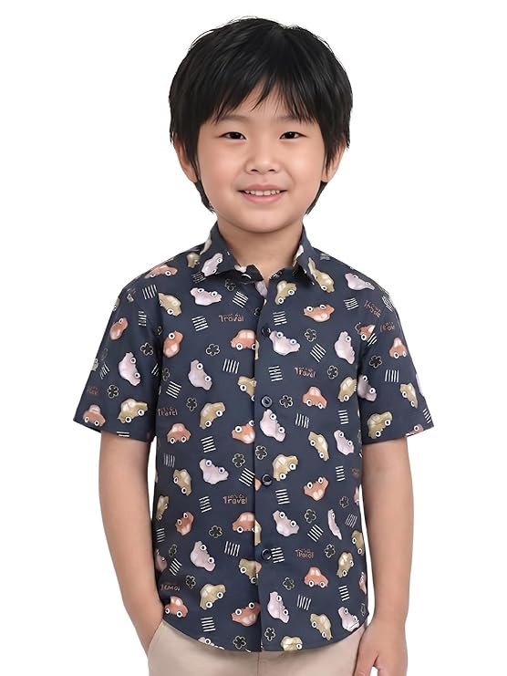 POLKA TOTS Boys Cotton Printed Shirt | Half Sleeve Casual Wear Shirts for Kids | Soft Breathable & Comfortable Shirts for Kids | Stylish Collar Neck | Summer Wear for Toddlers, Baby Boy & Infants