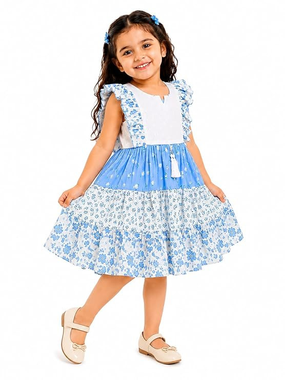 Grace Mode Girls Floral Printed Tiered Dress for Kids | Soft Cotton Blend Casual Frock for Girls Age 2-15 Years