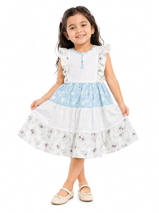 Grace Mode Girls Floral Printed Tiered Dress for Kids | Soft Cotton Blend Casual Frock for Girls Age 2-15 Years