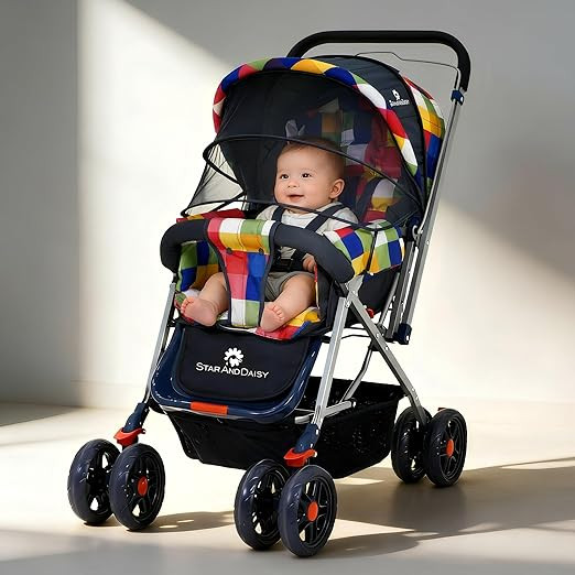 StarAndDaisy Baby Stroller for 0–3 Years, Foldable Baby Stroller/Pram with Mosquito Net, Large Storage Basket, 5 Point Safety Harness