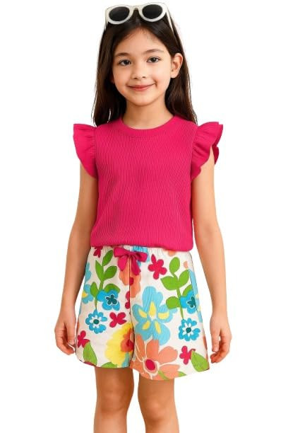 Girls Ribbed Top and Floral Shorts Set, Hot Pink with Flutter Sleeves, Multicolour Floral Print, 2 Piece, 1-14 Years Age