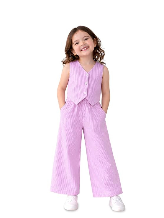 Kidbea Girls 2-Piece Outfit Set, Cotton Sleeveless V-Neck Vest Top & Wide Leg Pants, Stylish Stripe Matching Clothing Set for Girls