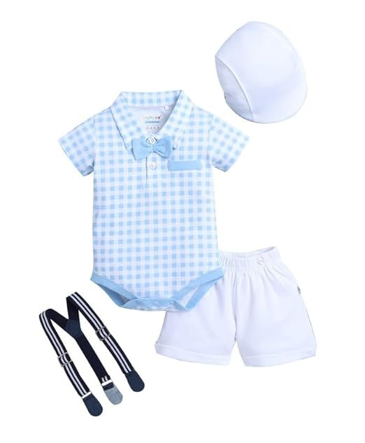 BUMZEE Baby Boys Regular Fit Half Sleeves Collar Neck Cotton Bodysuit & Short Set With Bow Suspender & Cap