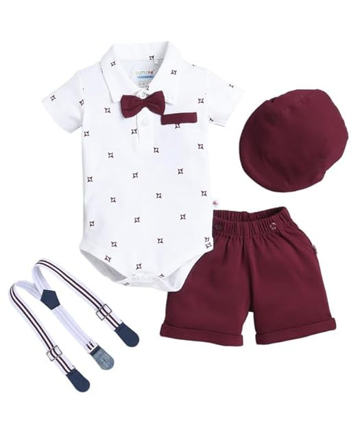 BUMZEE Baby Boys Regular Fit Half Sleeves Collar Neck Cotton Bodysuit & Short Set With Bow Suspender & Cap