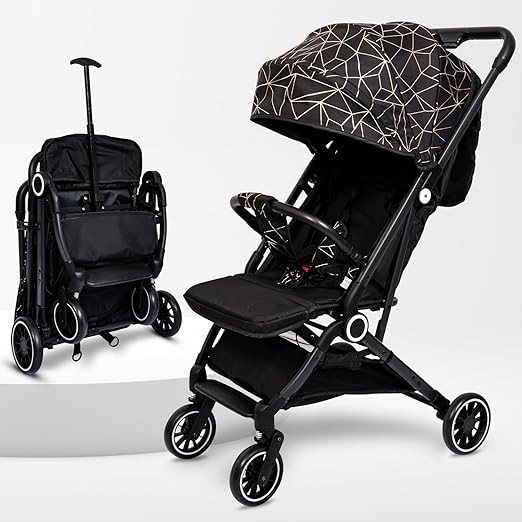 MUMMAMIA JET-SET Ready Baby Stroller & Pram | Single Hand Folding, Suspension Wheels, Travel Friendly trolley handle, Pram for Newborn, Toddlers Boys & Girls - 0 to 3 Yrs (Sit & Lie Down) MODERN BLACK